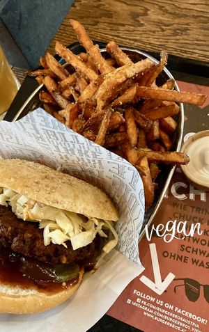 The Green BBQ burger, sweet potato fries and vegan mayo  at Burger Bros in Vienna