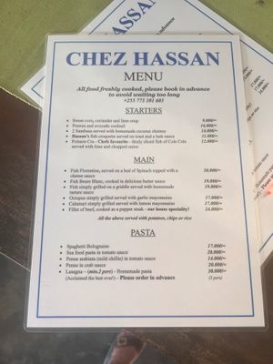 Menu at Chez Hassan  in Zanzibar