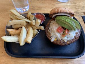 Vegan burger with fries  at Steamship Grill & Bar in Victoria