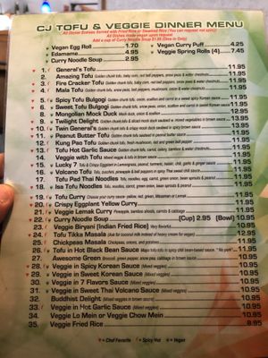 Vegan menu  at Crystal Jade in Omaha