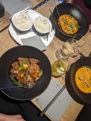 Red seitan curry & tofu aubergine ragout at Market in Vienna
