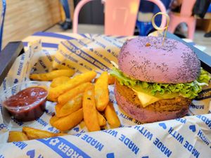 Flower  burger and fries at Flower Burger in West Hollywood