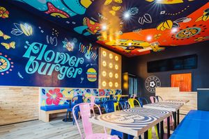 Inside, looking in towards the menu/order counter. at Flower Burger in West Hollywood