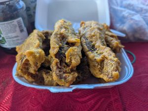 Fried chataigne at Kam's Veggi Delight in Felicity