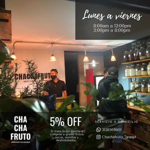 Nuestra despensa a granel te espera, trae tu recipiente y tendrás 5% de descuento. Juntos podemos reducir el consumo de empaques de un solo uso, ya sean plásticos o de vidrio. at Chachafruto Mercado Saludable in Dosquebradas