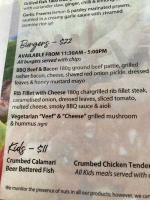 Menu at The Surf Club in Mooloolaba