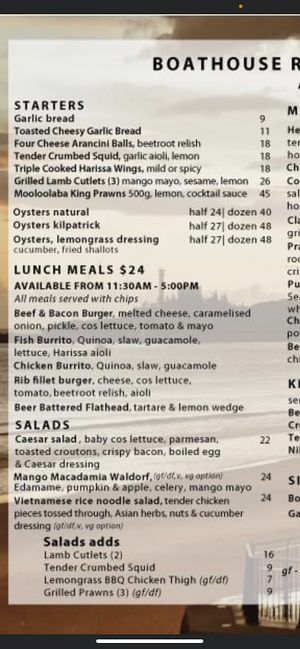 Menu as at March 2023  at The Surf Club in Mooloolaba