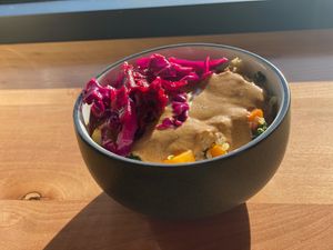 Roasted Vegetable Bowl with quinoa, seasonal veggies, beet cabbage slaw and almond sauce.  GF, DF, V at Ants on a Log Cafe in Corvallis
