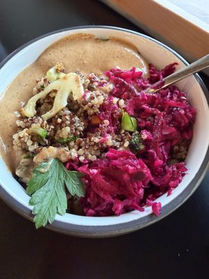 I love their specials,,, here is Roasted Veggie Bowl (almond sauce).  at Ants on a Log Cafe in Corvallis