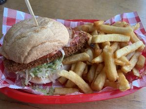 Vegan schnitzel burger  at Big Shed Brewing in Royal Park