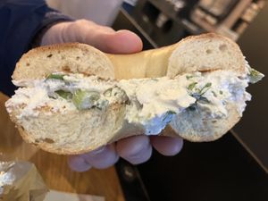 Plain bagel with tofu chive cream cheese  at Zucker's Bagels in New York City