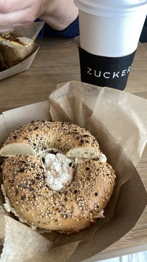 Everything Bagel with veggie tofu spread  at Zucker's Bagels in New York City