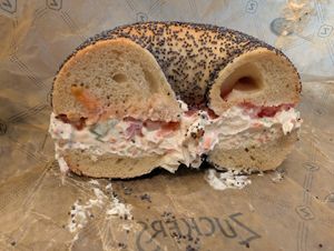 Poppyseed bagel veggie tofu cream cheese tomato at Zucker's Bagels in New York City