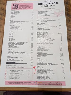Menu current 1 October 2025 at Gun Cotton Coffee Roasters in Yandina