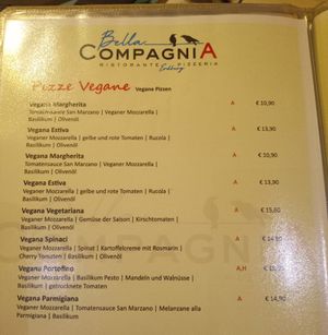 Vegan Pizza selection at Bella Compagnia in Vienna