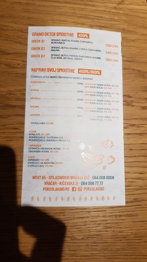 Drinks menu at Poke Olakino in Belgrade