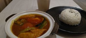 Assam fish with rice, barley drink $8.80 at Grove Cafe 素林 - Northshore Plaza I in Northeast Singapore