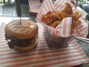 Burger and twisted fries at Veggie Jimmy in South West London