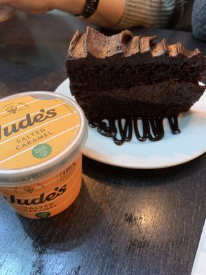 Vegan chocolate cake and vanilla plant based gelato  at Veggie Jimmy in South West London