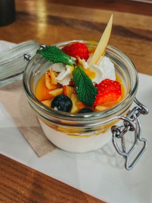 Pana Cotta with fresh berries & fruits 😋  at Galerie Café des Aiguilles in Chamonix-mont-blanc