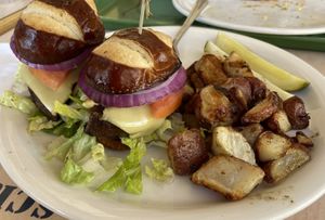 Portobello mushroom Sliders - This dish can be made vegan by simply asking for vegan cheese.  at Food for Thought Cafe in Joshua Tree