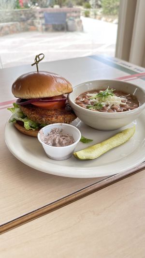 Vortex burger with pinto beans and side of vegan chipotle mayo    at Food for Thought Cafe in Joshua Tree