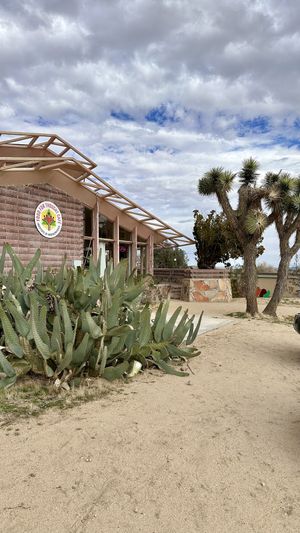 Drive up view. Main entrance is around the left side    at Food for Thought Cafe in Joshua Tree