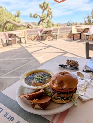 Vortex burger with soup on the sweet patio at Food for Thought Cafe in Joshua Tree