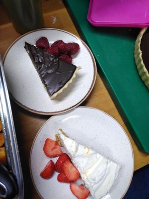 Chocolate tart and elderflower cheesecake  at Undercrag Studio & Café in Torver