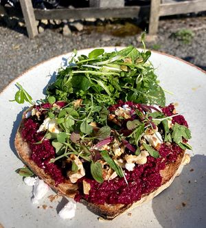 beetroot hummus toast at Undercrag Studio & Café in Torver