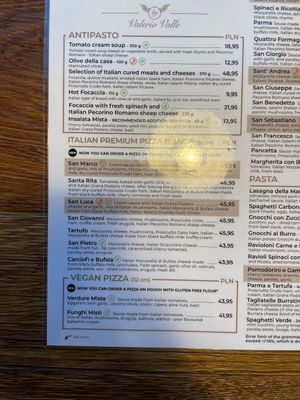 Vegan Pizza. Green symbol = vegetarian   at Tutti Santi in Warsaw