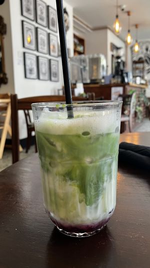 Iced cherry matcha latte   at Jet Black Jewel Cafe Bar in Whitby