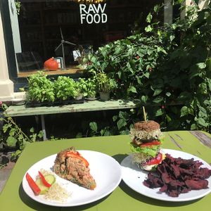 pumpkin seed burger and quiche at Alchemist Garden in Amsterdam