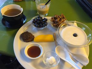 Breakfast platter; including tea and smoothie of the day at Alchemist Garden in Amsterdam