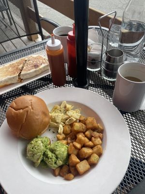 Vegan breakfast, vegan wrap, oat latte, americano  at Bruncheria in New Westminster