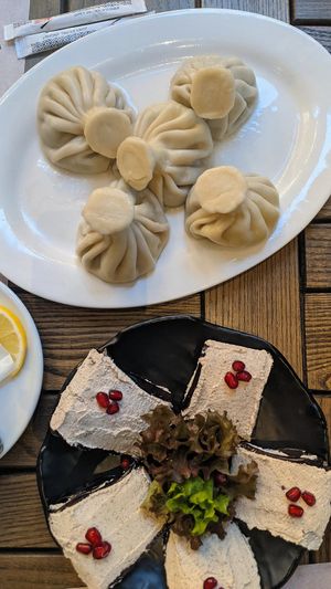 Eggplant rolls + kinkhali at Georgian House in Tbilisi