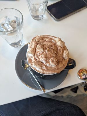 Hot chocolate with cream and marshmallows at The Hop Coffee in Sheffield
