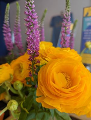 Amazing fresh flowers in the dining area at Gallivant Coffee in Woodfin