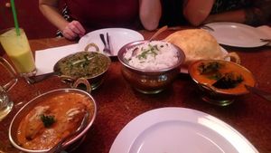 from left to right : malai kofta, banana dal spinach, basmati rice, garlic bathura and stuffed eggplant - all vegan! at Naveena Path in Berlin