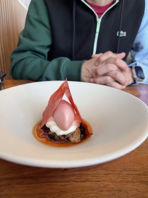 Berries, tomato and rhubarb deser  at Seiva Restaurante in Matosinhos
