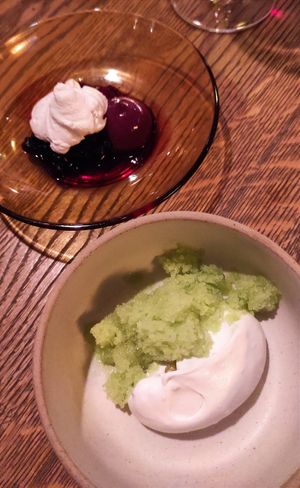 Two little desserts. Vegan cream mousse with green apple granita and cardamom (bottom); vegan creamy cheese mousse with chocolate spicy cream mousse, liquorous sauce made out of re at Matur og Drykkur in Reykjavik
