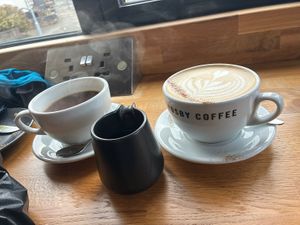 Large oat dirty chai and also coffee w oat milk   at Crosby Coffee in Liverpool