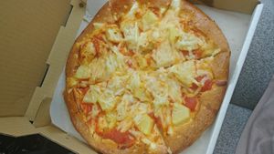 Vegan pineapple and cheese at Rudy's Pizza in Portland