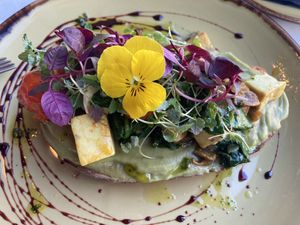Tofu with avocado and mushrooms.  at Oscar Bar & Kitchen in Glasgow