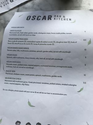 Vegan brunch menu  at Oscar Bar & Kitchen in Glasgow