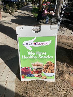 Signage at Cap City Squeeze Juice Bar in Sacramento