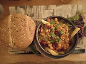 Vegan burger and vegan loaded fries at Le Local Morzine in Morzine