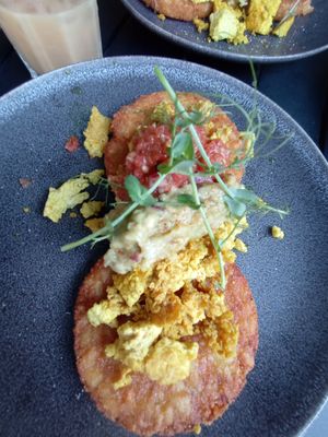 Scrambled tofu on hash browns at Le Local Morzine in Morzine