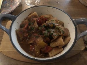 Arrabiata pasta with vegan chicken   at Bresca in Madrid