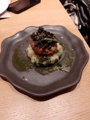 Beyond meat with Cerdanya potato, kale and pork trinxat side at Season in Barcelona